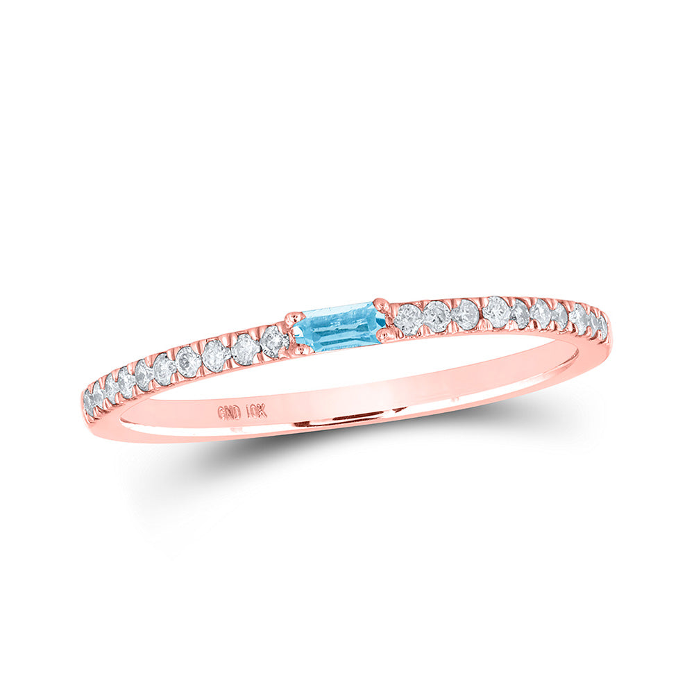 10kt Rose Gold Womens Baguette Aquamarine Diamond Band Ring 1/5 Cttw