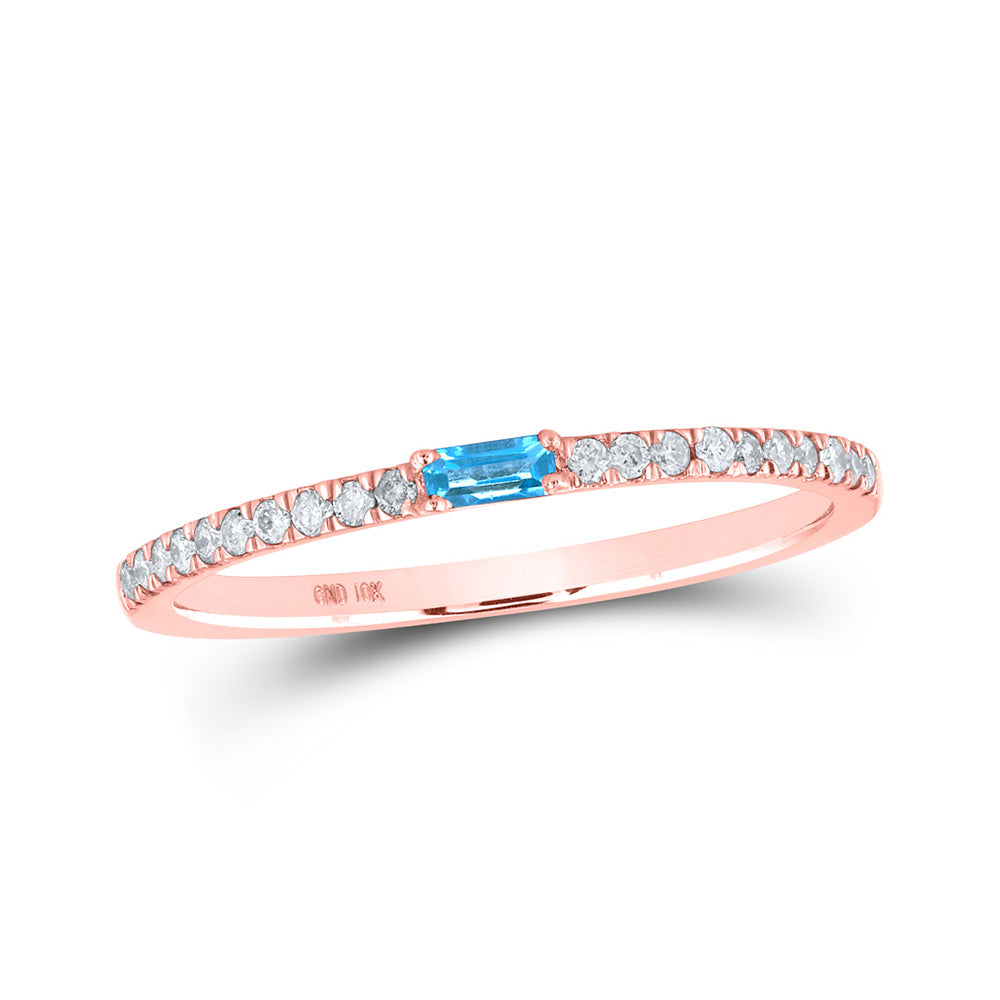 10kt Rose Gold Womens Baguette Blue Topaz Diamond Band Ring 1/5 Cttw