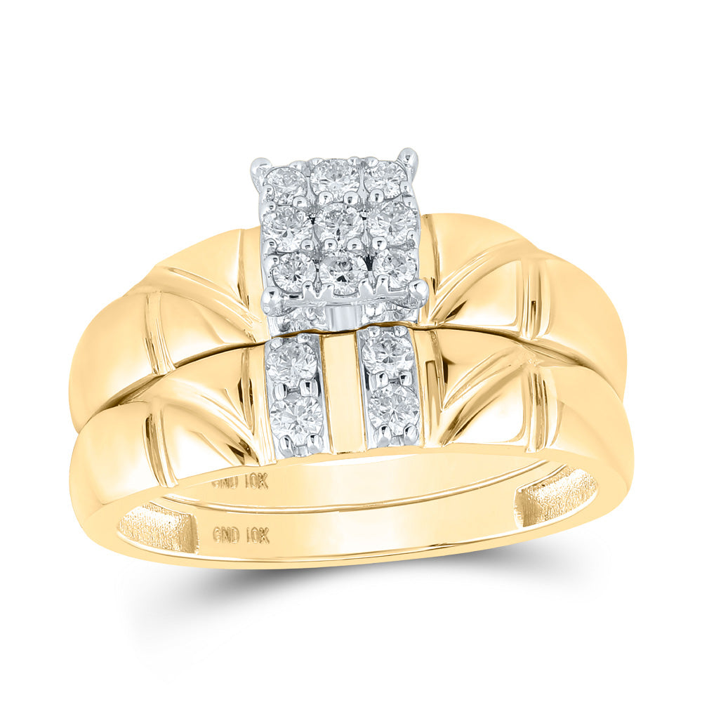 10kt Yellow Gold His Hers Round Diamond Square Matching Wedding Set 1/2 Cttw