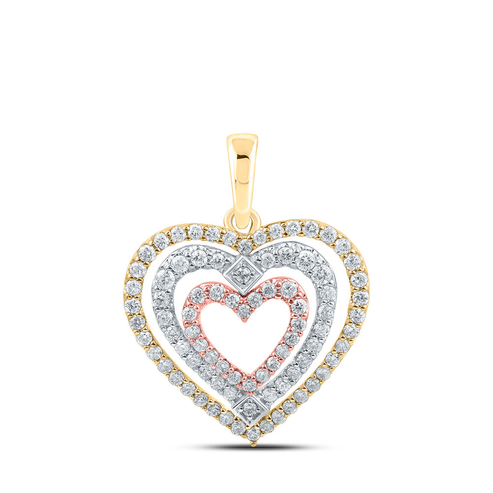 10kt Tri-Tone Gold Womens Round Diamond Nested Heart Pendant 1/2 Cttw