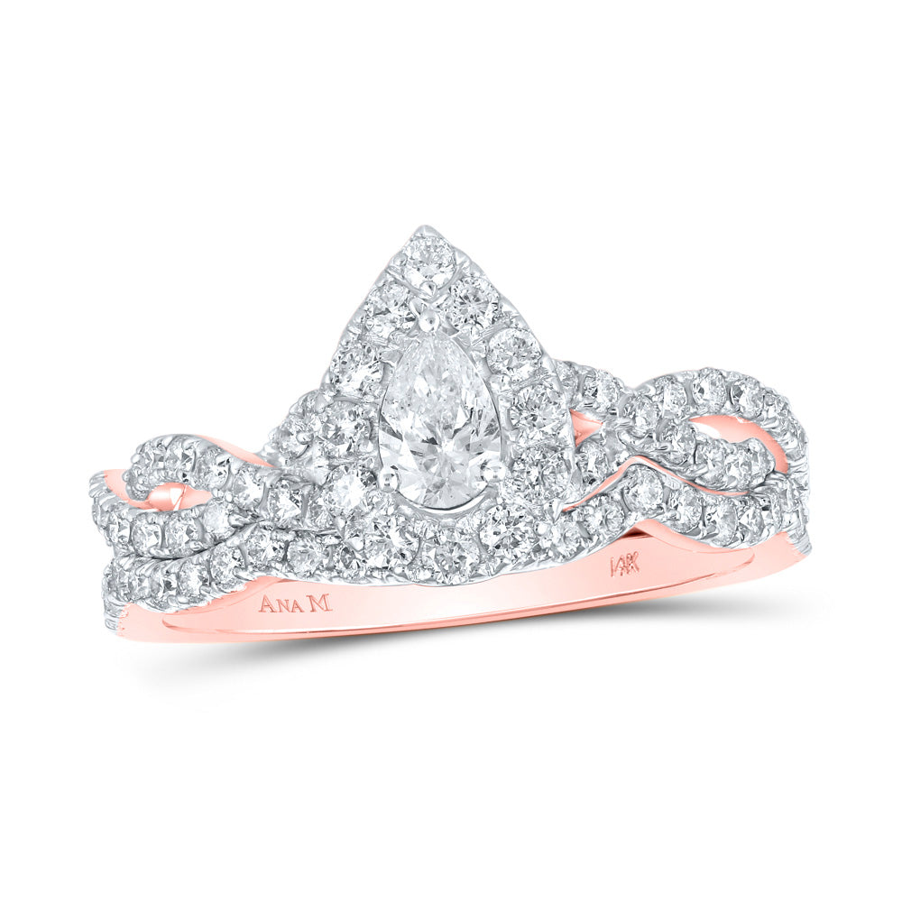 14kt Rose Gold Pear Diamond Halo Bridal Wedding Ring Band Set 1 Cttw