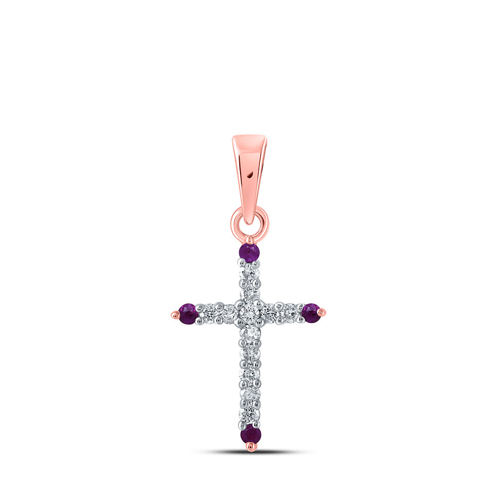 10kt Rose Gold Womens Round Ruby Diamond Cross Pendant 1/5 Cttw