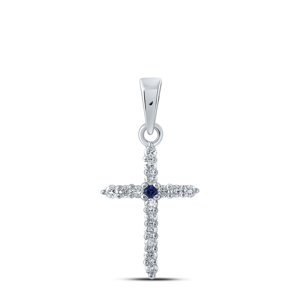 10kt White Gold Womens Round Blue Sapphire Diamond Cross Pendant 1/8 Cttw