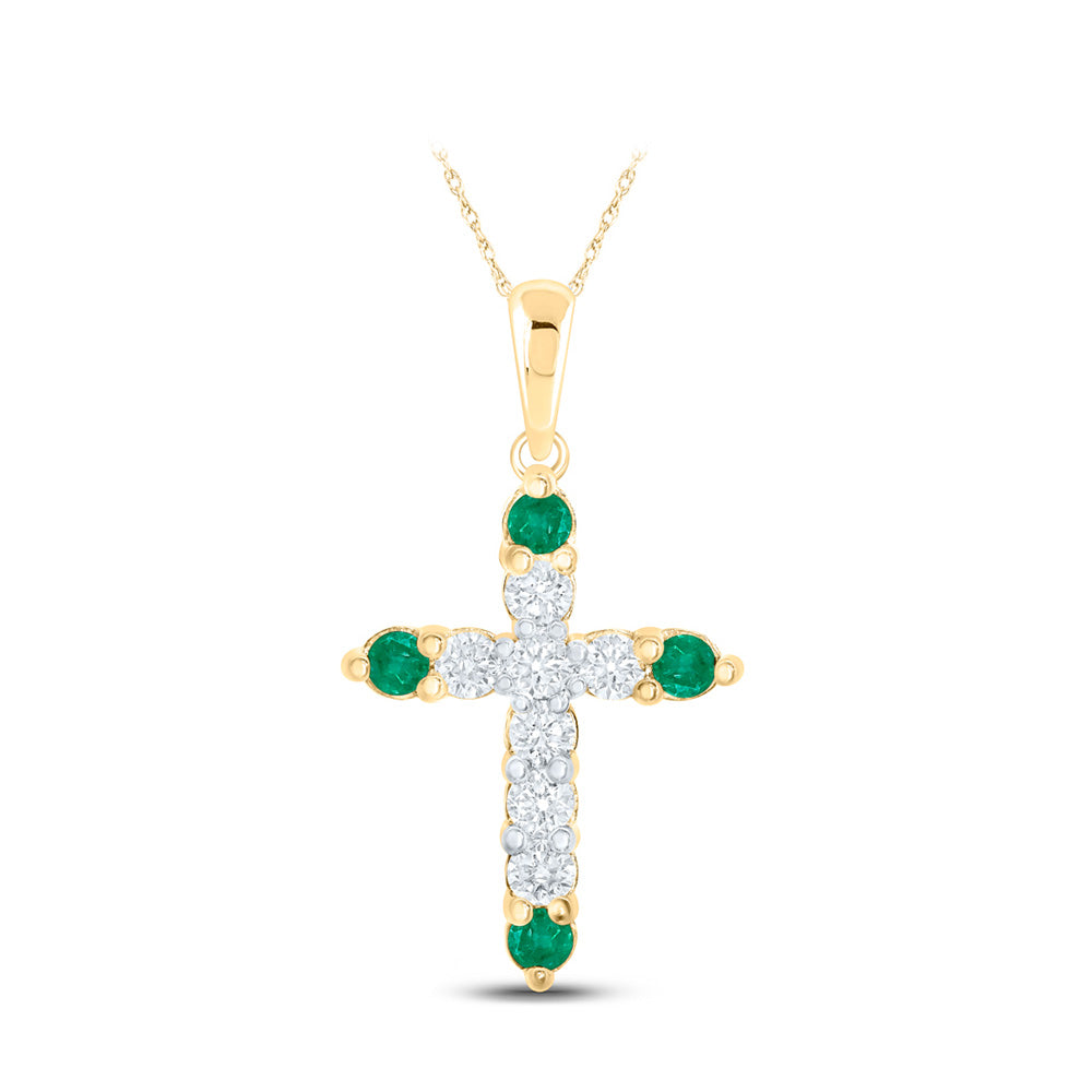 10kt Yellow Gold Womens Round Emerald Diamond Cross Pendant 1/5 Cttw