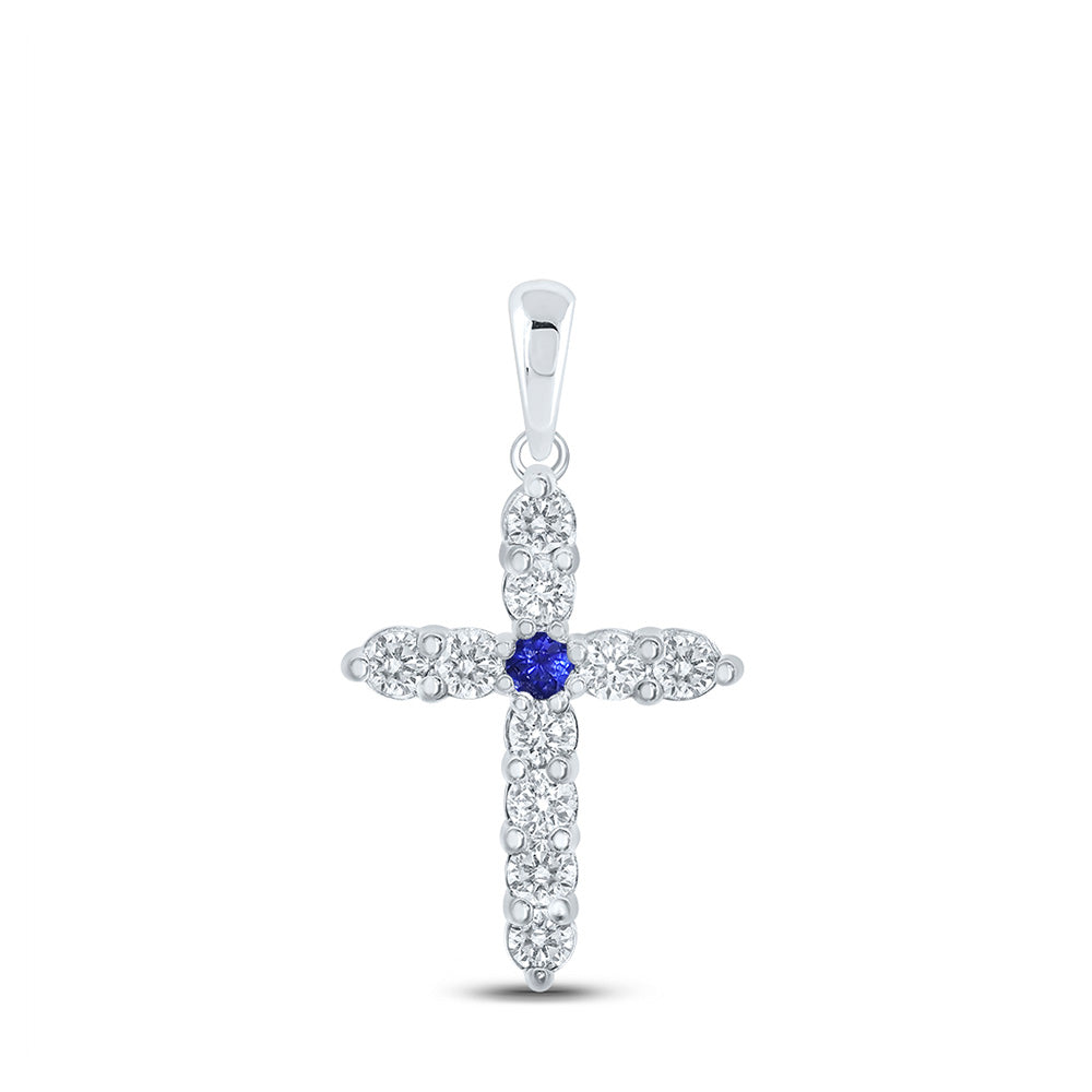 10kt White Gold Womens Round Blue Sapphire Diamond Cross Pendant 1/5 Cttw