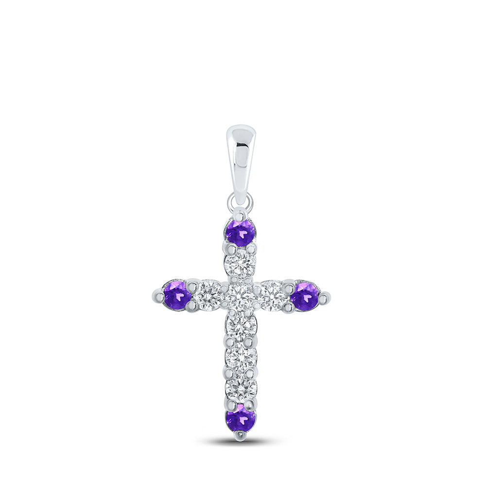 10kt White Gold Womens Round Lab-Created Amethyst Diamond Cross Pendant 1/4 Cttw