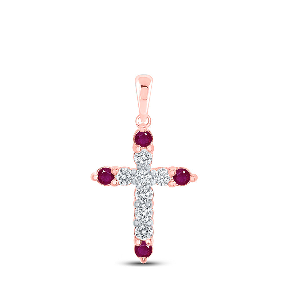 10kt Rose Gold Womens Round Ruby Diamond Cross Pendant 1/2 Cttw