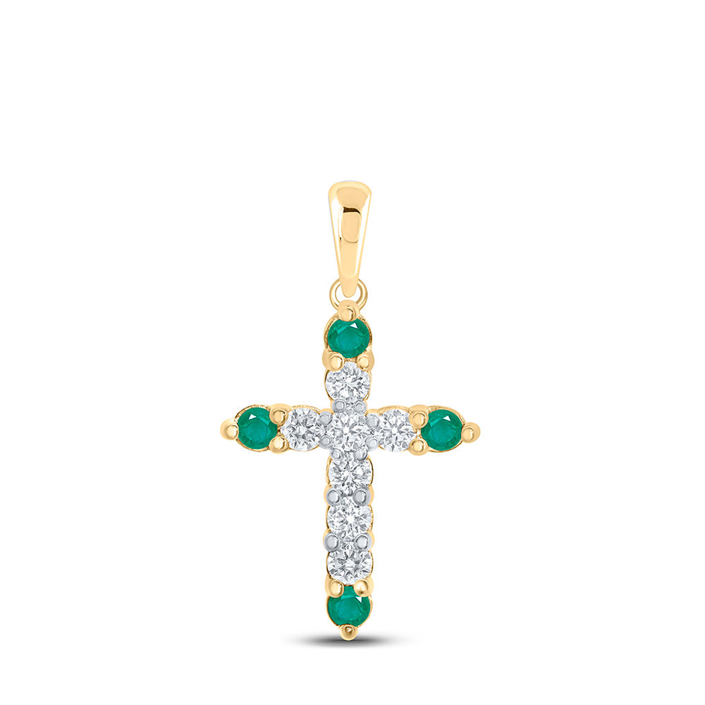 10kt Yellow Gold Womens Round Emerald Diamond Cross Pendant 3/8 Cttw