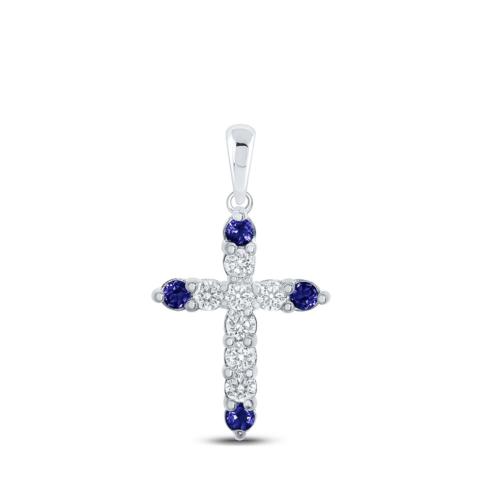 10kt White Gold Womens Round Blue Sapphire Diamond Cross Pendant 1/2 Cttw