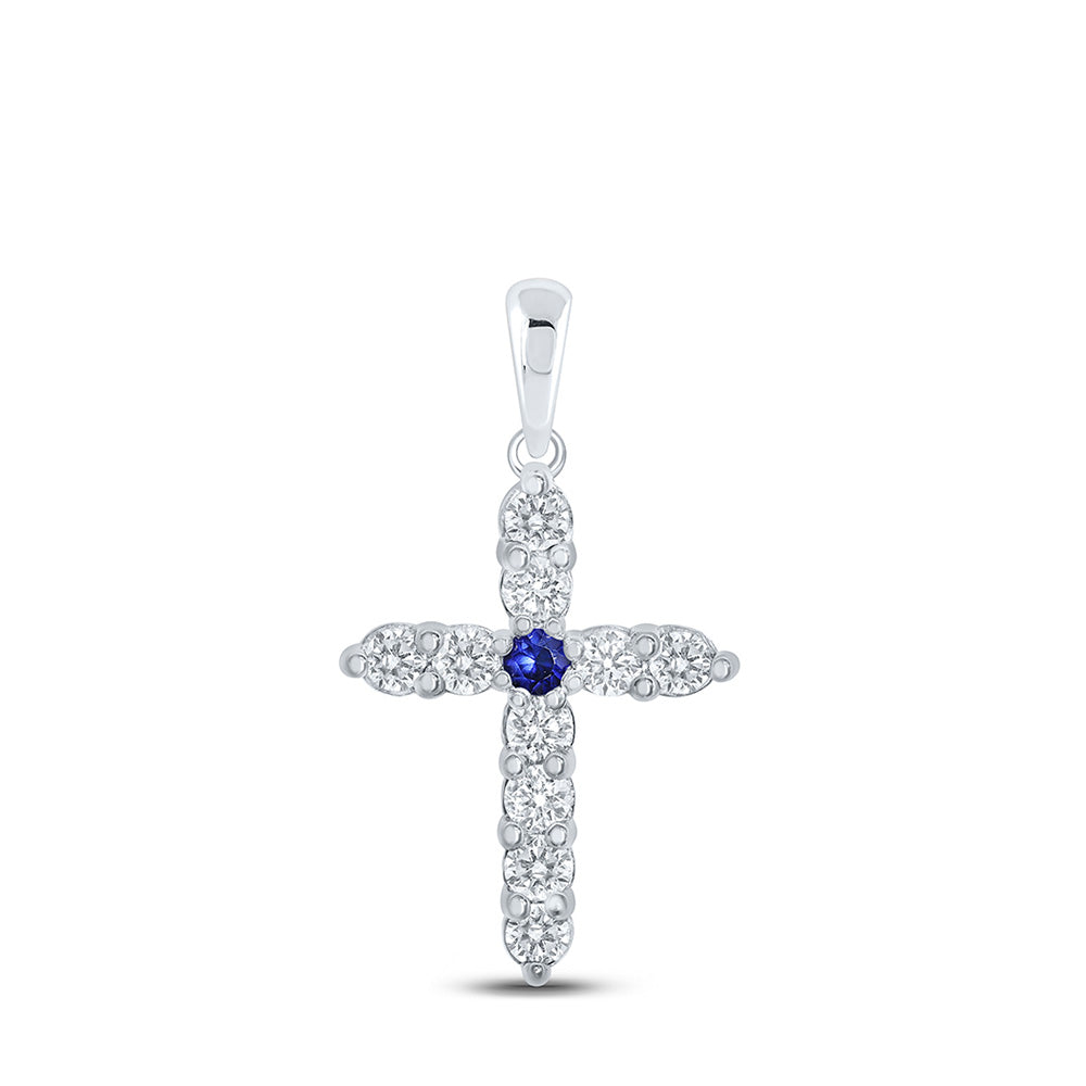 10kt White Gold Womens Round Blue Sapphire Diamond Cross Pendant 1/2 Cttw