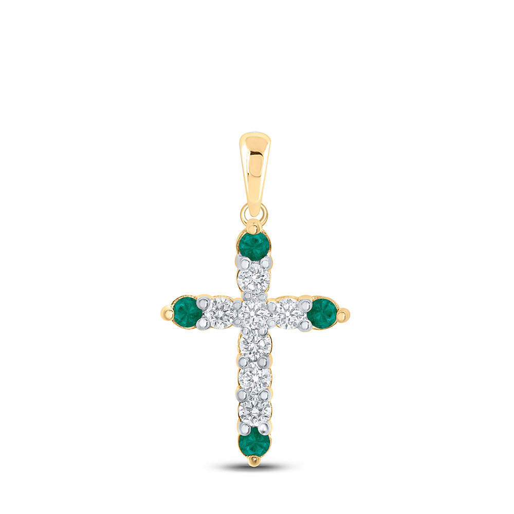 10kt Yellow Gold Womens Round Emerald Diamond Cross Pendant 1 Cttw