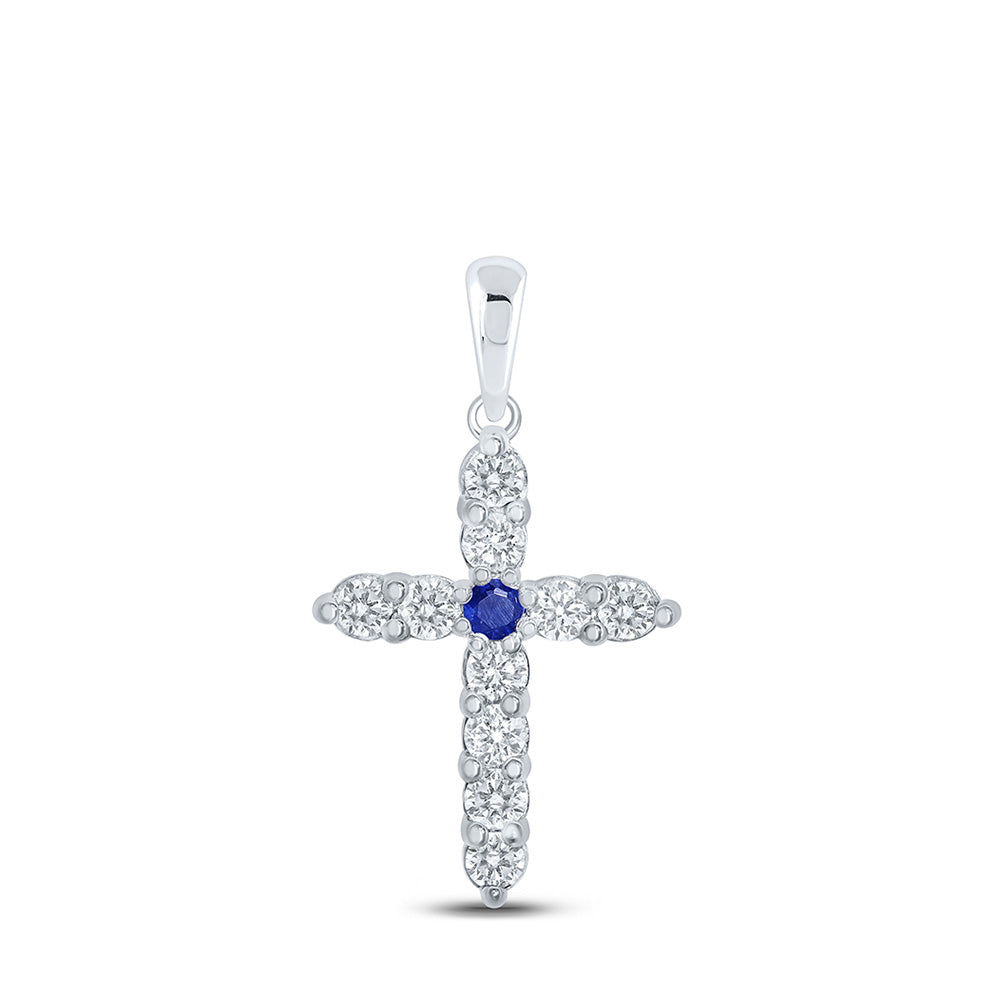 10kt White Gold Womens Round Blue Sapphire Diamond Cross Pendant 1 Cttw