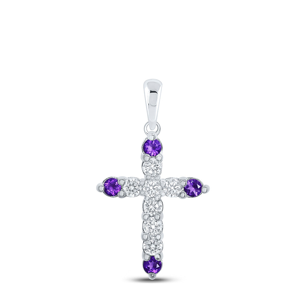 10kt White Gold Womens Round Lab-Created Amethyst Diamond Cross Pendant 1 Cttw