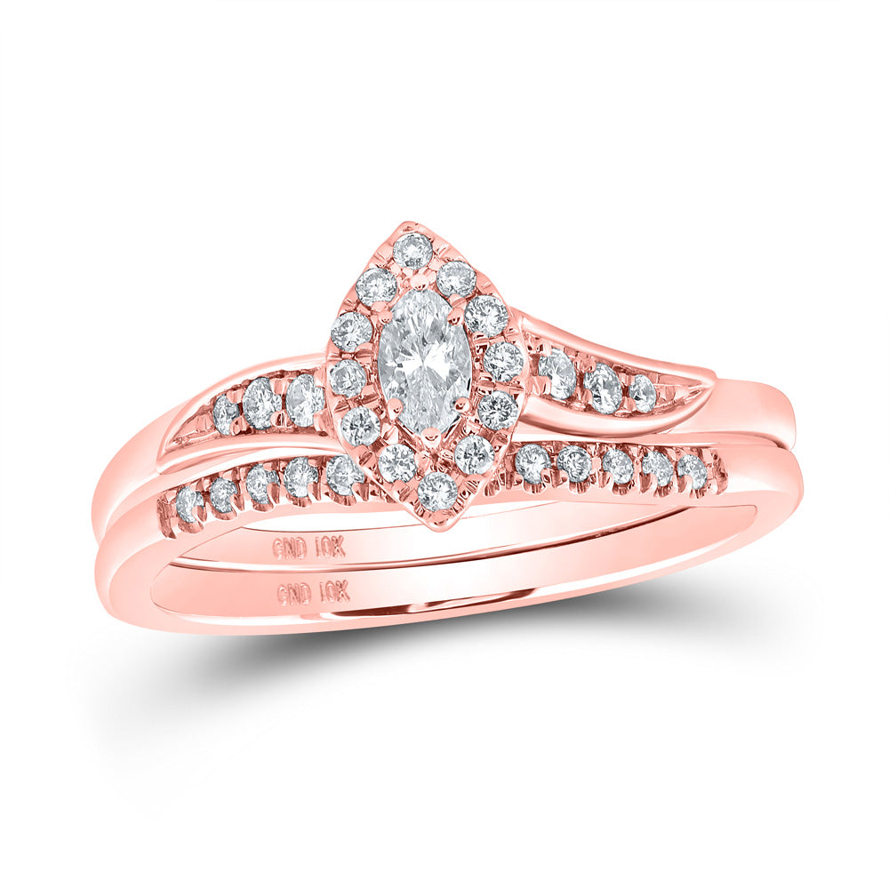 10kt Rose Gold Marquise Diamond Halo Bridal Wedding Ring Band Set 1/3 Cttw