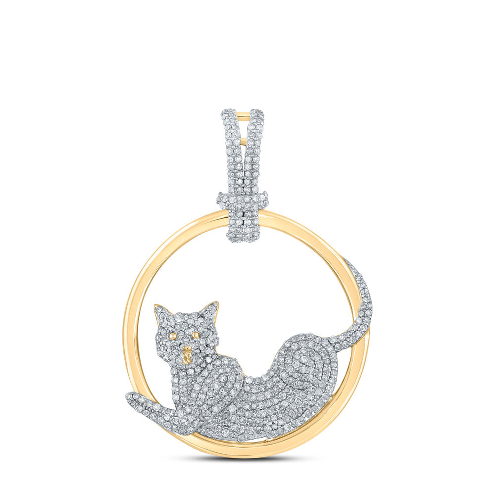 14kt Yellow Gold Womens Round Diamond Cat Kitty Circle Animal Pendant 1 Cttw