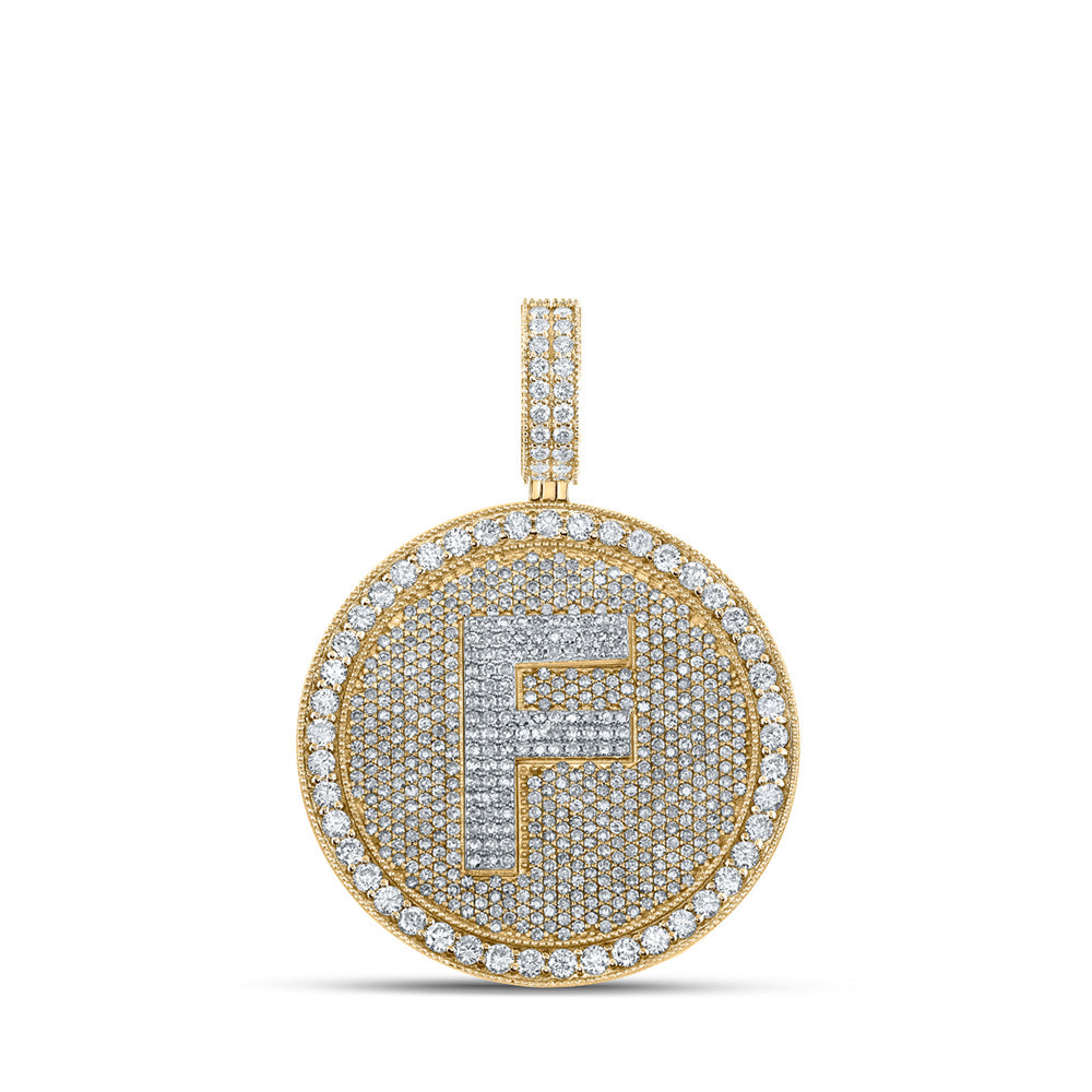 10kt Two-tone Gold Mens Round Diamond Letter F Circle Charm Pendant 3-7/8 Cttw