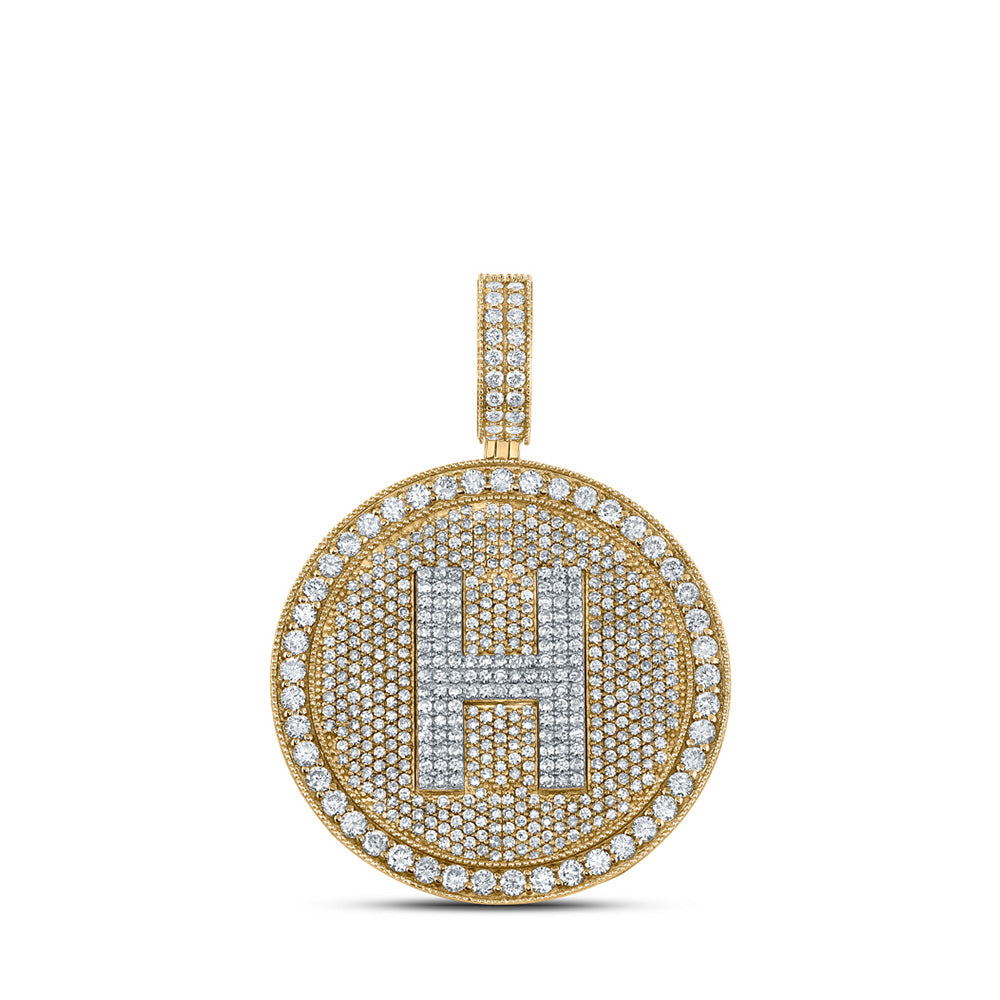 10kt Two-tone Gold Mens Round Diamond Letter H Circle Charm Pendant 3-3/4 Cttw