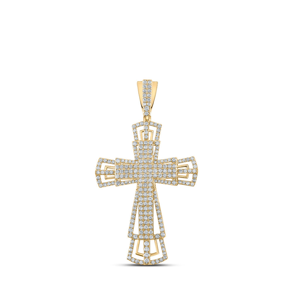 10kt Yellow Gold Mens Round Diamond Cross Charm Pendant 2-1/3 Cttw