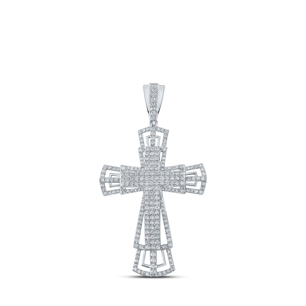 10kt White Gold Mens Round Diamond Cross Charm Pendant 2-1/3 Cttw