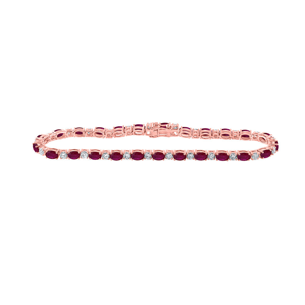 10kt Rose Gold Womens Oval Ruby Diamond Fashion Bracelet 9 Cttw