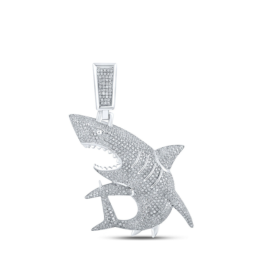 10kt White Gold Mens Round Diamond Shark Charm Pendant 1-1/2 Cttw