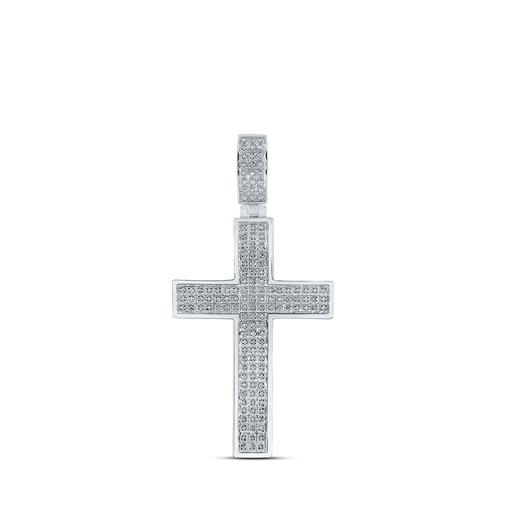 10kt White Gold Mens Round Diamond Cross Charm Pendant 1/2 Cttw