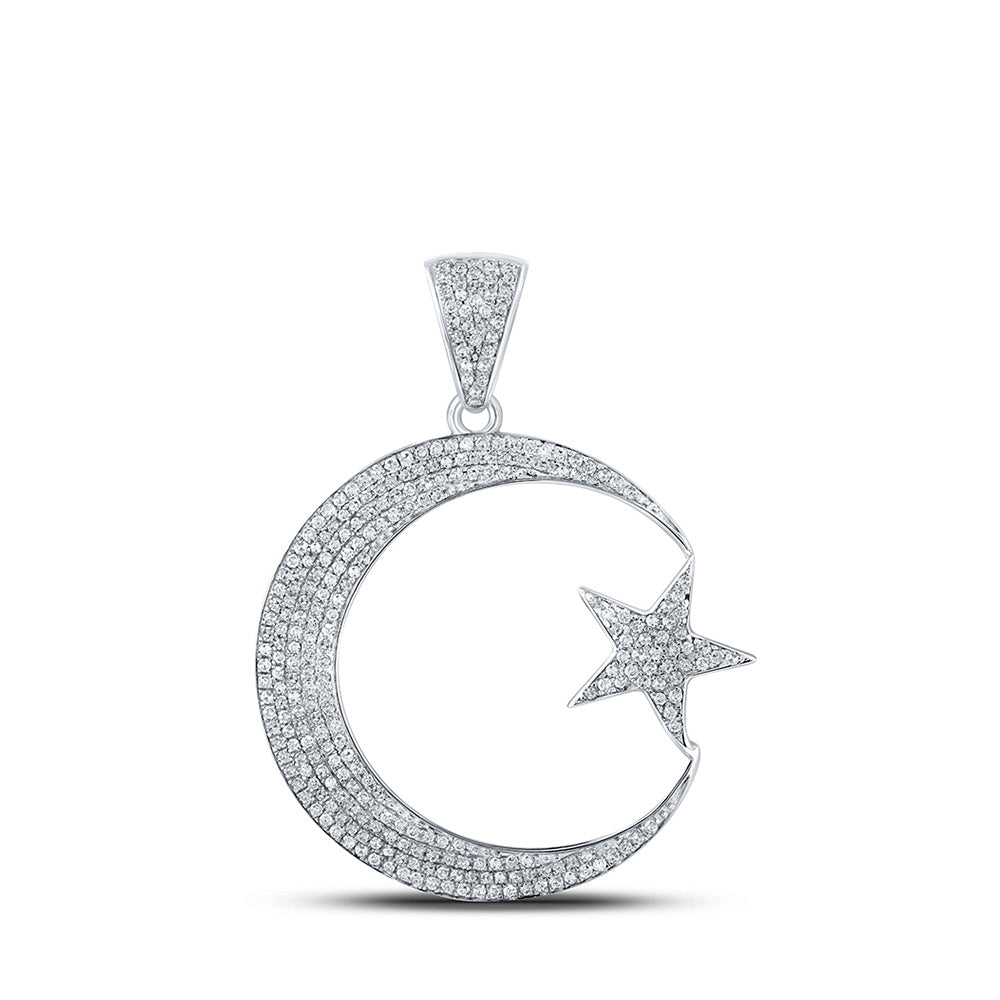 10kt White Gold Mens Round Diamond Crescent Moon Star Charm Pendant 3/4 Cttw