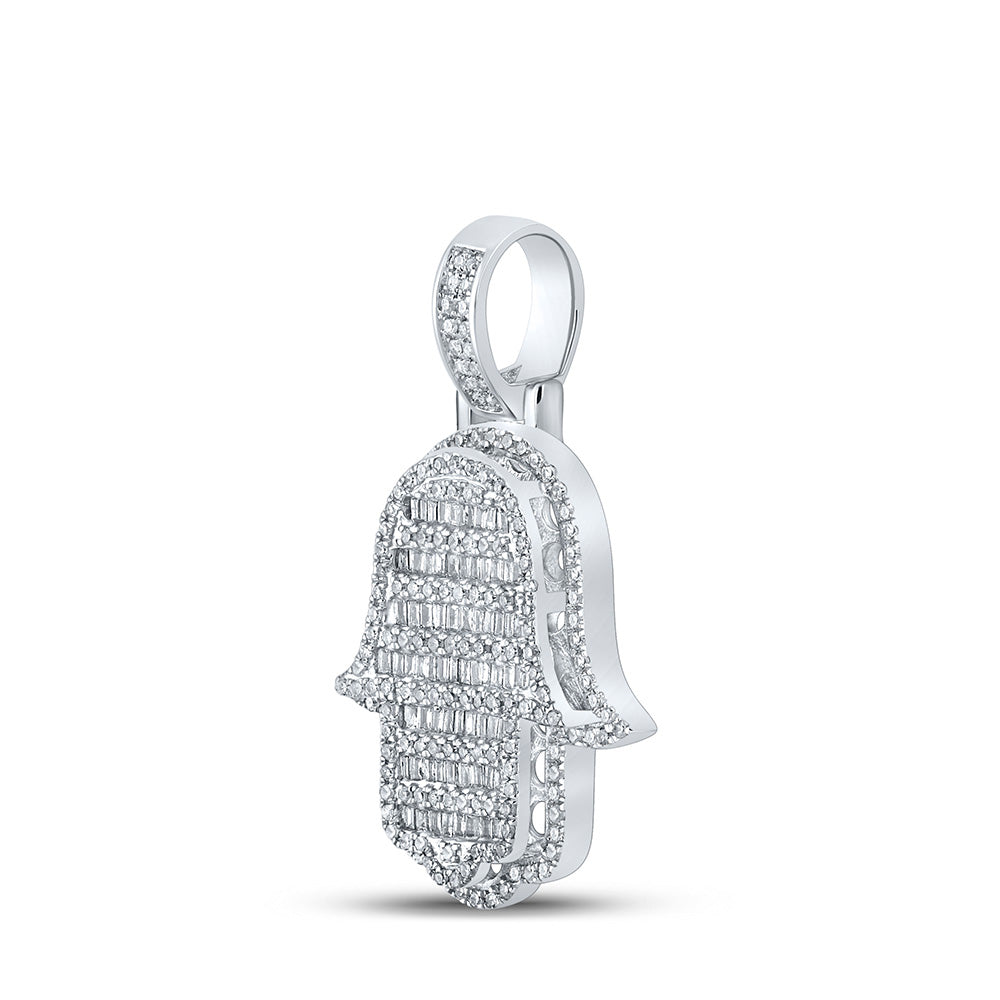 10kt White Gold Mens Baguette Diamond Hamsa Charm Pendant 7/8 Cttw