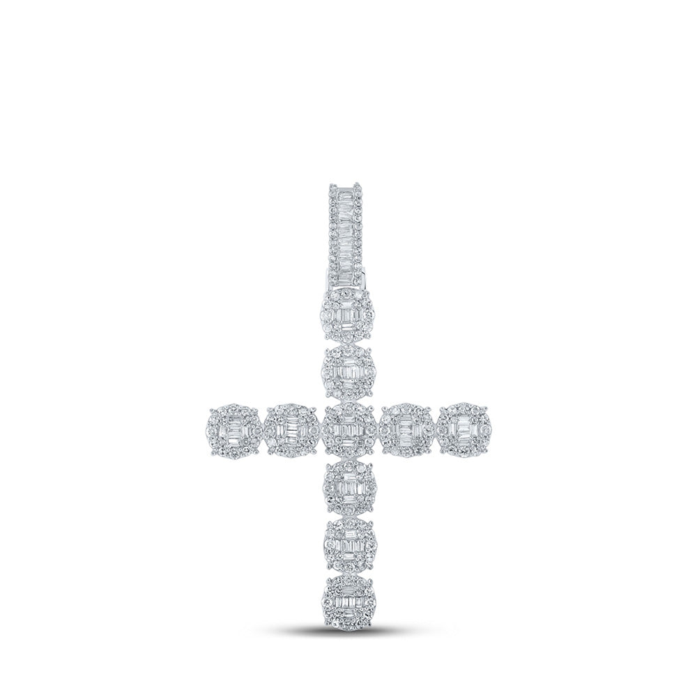 10kt White Gold Mens Baguette Diamond Cross Charm Pendant 1-7/8 Cttw