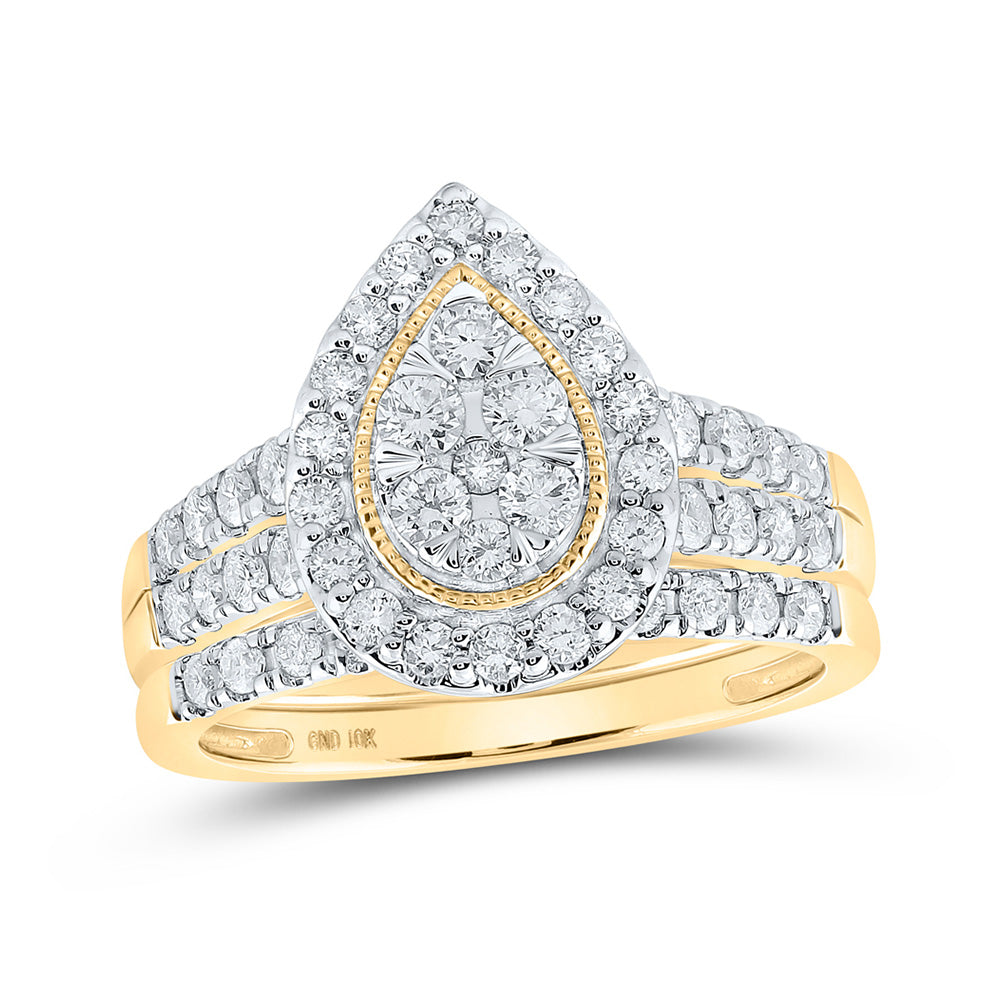 10kt Yellow Gold Round Diamond Teardrop Bridal Wedding Ring Band Set 1 Cttw