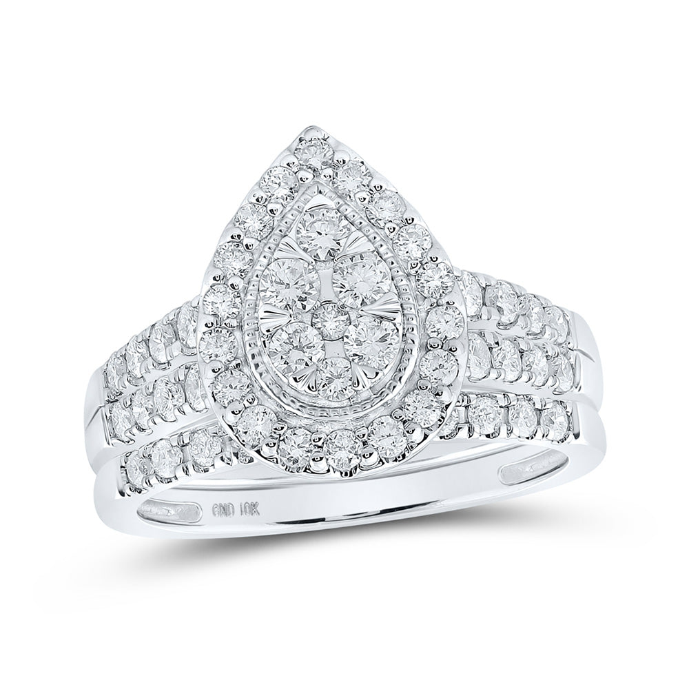 10kt White Gold Round Diamond Teardrop Bridal Wedding Ring Band Set 1 Cttw