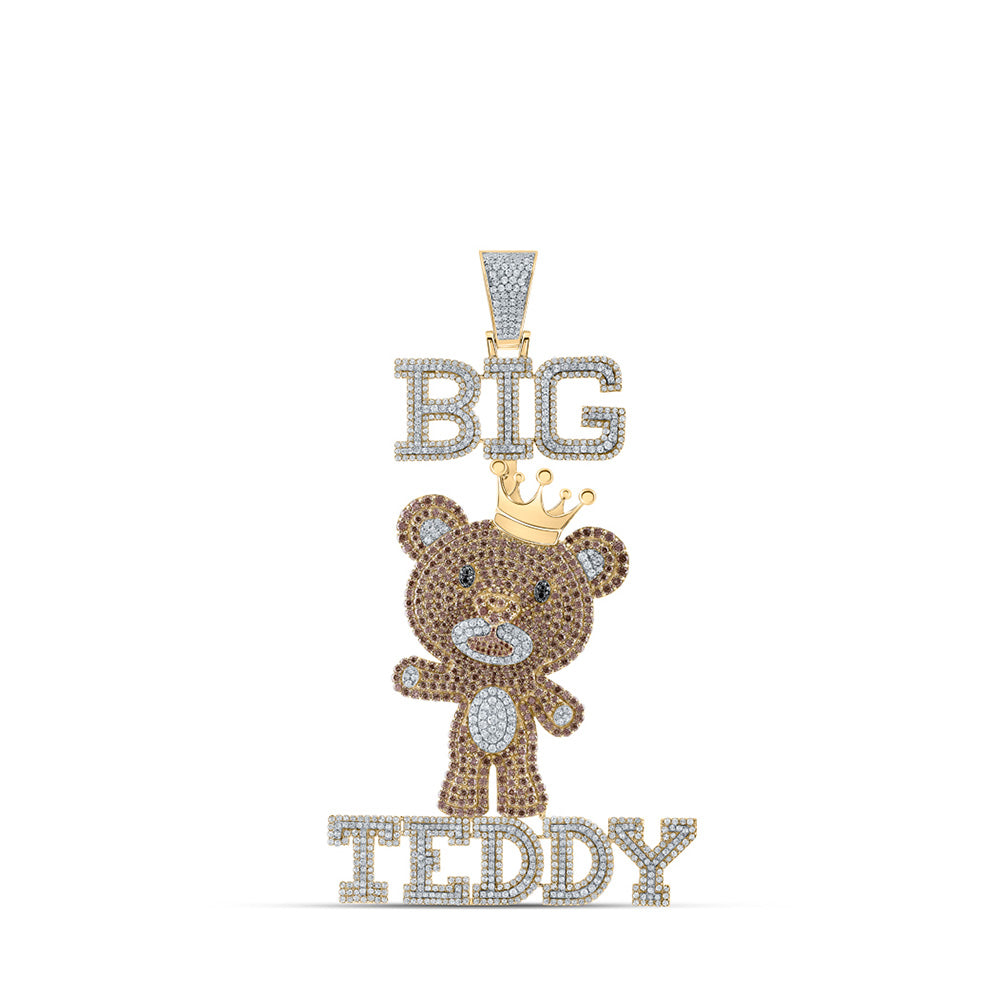 10kt Yellow Gold Mens Round Brown Diamond Big Teddy Bear Charm Pendant 12-3/4 Cttw