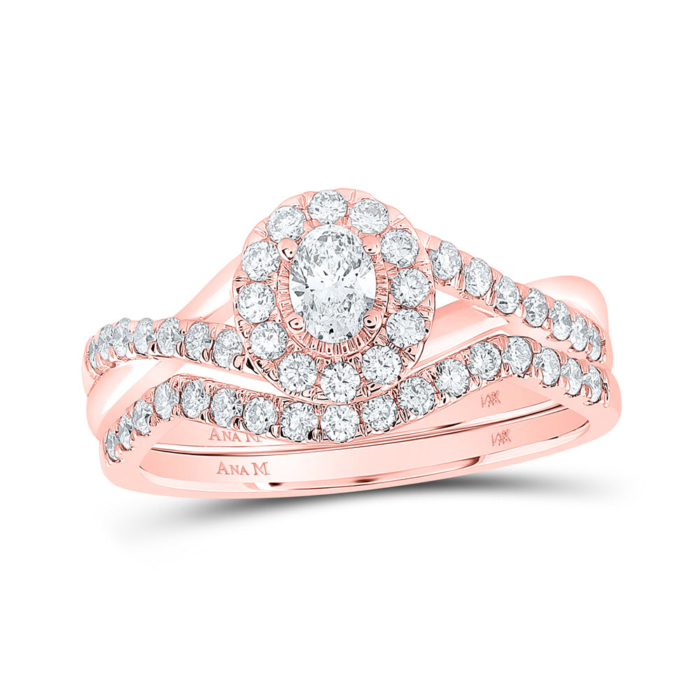 14kt Rose Gold Oval Diamond Halo Bridal Wedding Ring Band Set 3/4 Cttw