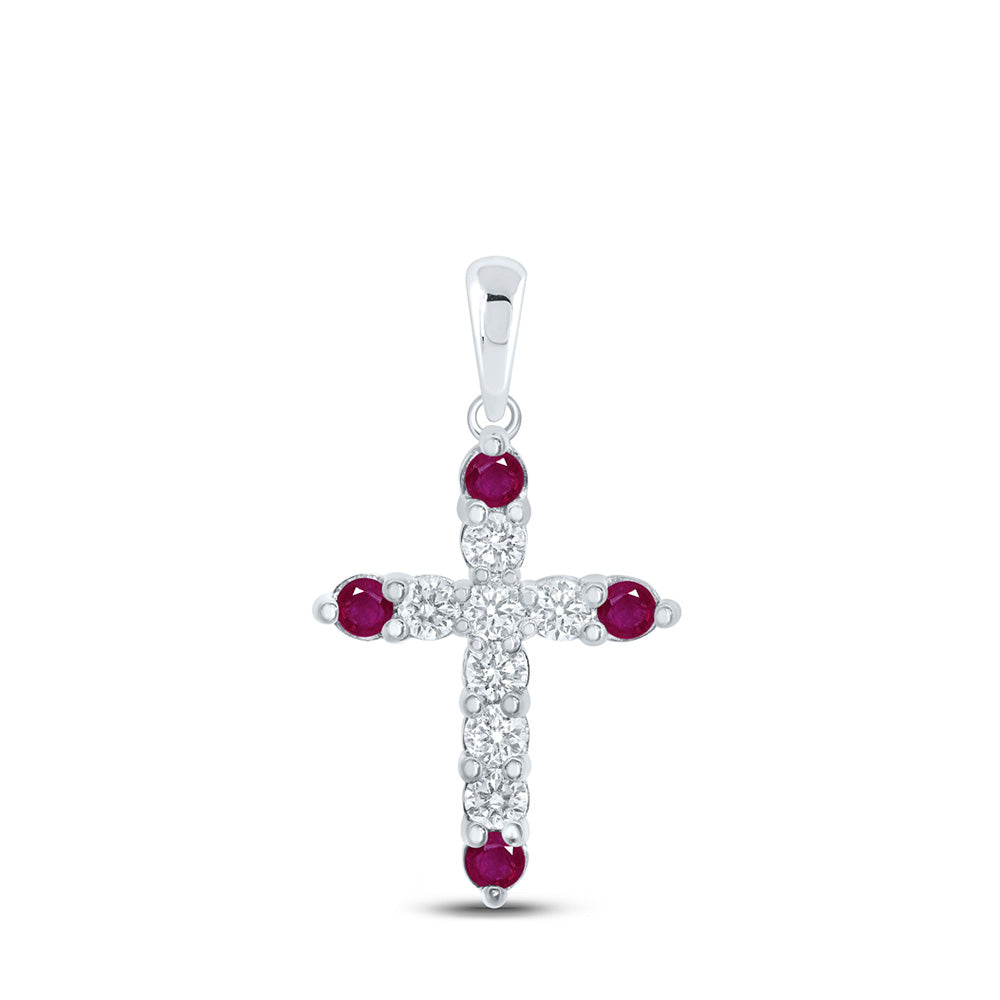 10kt White Gold Womens Round Ruby Diamond Cross Pendant 1-1/5 Cttw