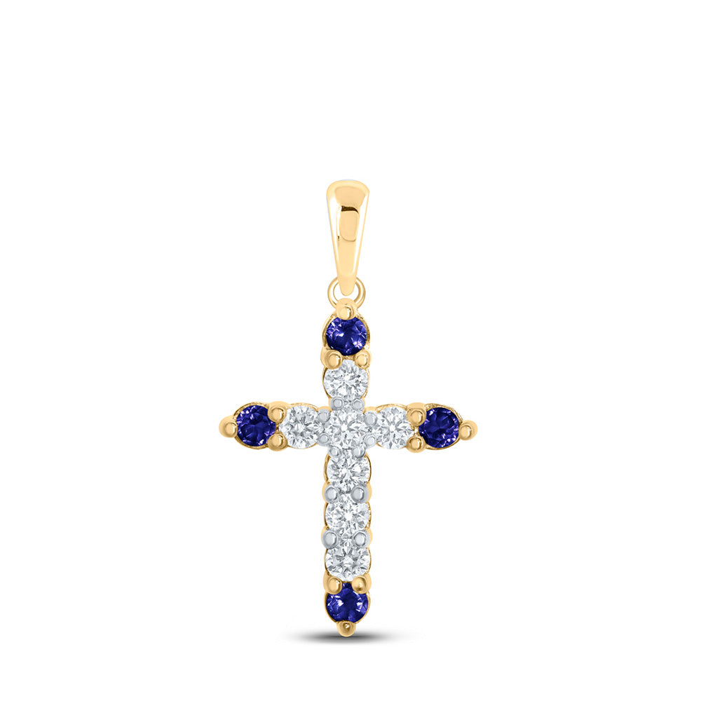 10kt Yellow Gold Womens Round Blue Sapphire Diamond Cross Pendant 1/2 Cttw