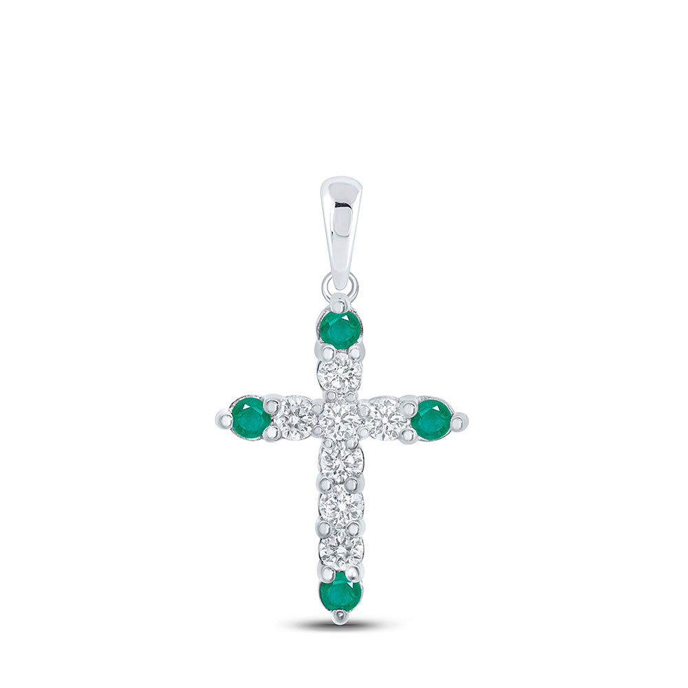 10kt White Gold Womens Round Emerald Diamond Cross Pendant 3/8 Cttw