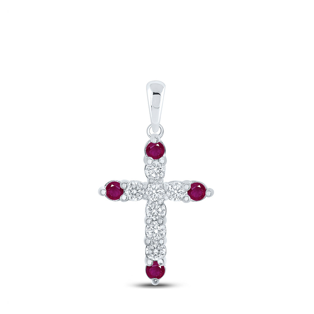 10kt White Gold Womens Round Ruby Diamond Cross Pendant 1/4 Cttw