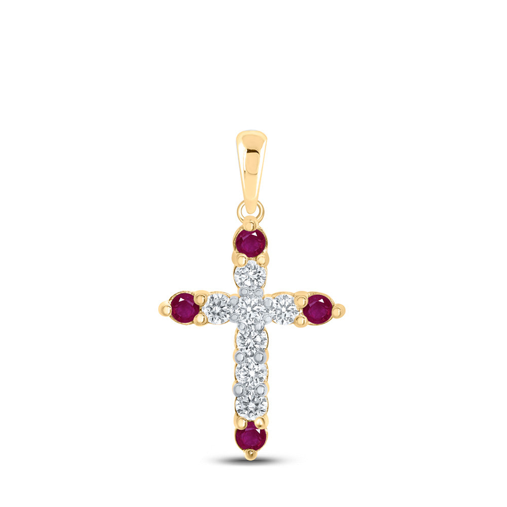 10kt Yellow Gold Womens Round Ruby Diamond Cross Pendant 1/2 Cttw