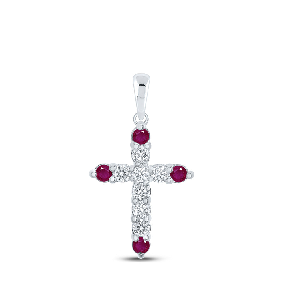 10kt White Gold Womens Round Ruby Diamond Cross Pendant 1/2 Cttw