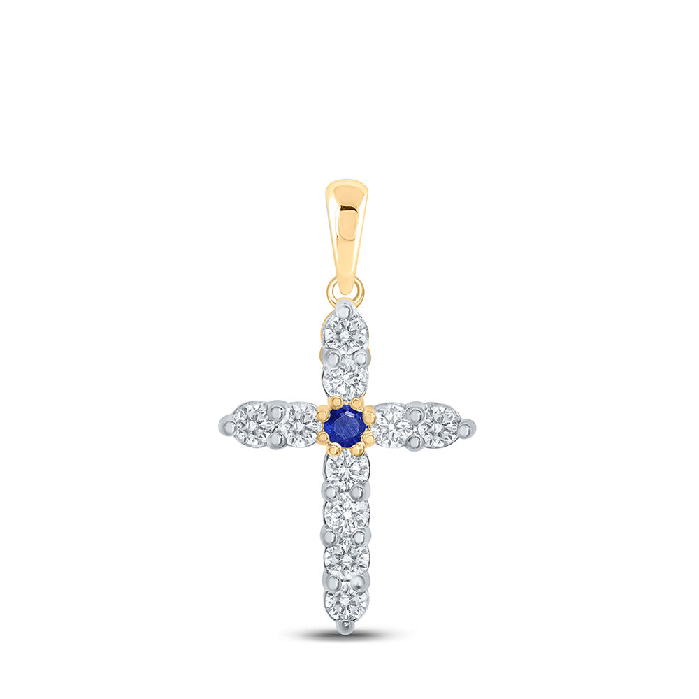 10kt Yellow Gold Womens Round Blue Sapphire Diamond Cross Pendant 1 Cttw