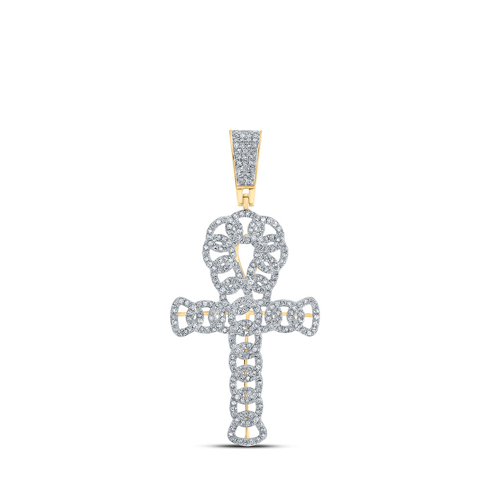 10kt Yellow Gold Mens Round Diamond Curb Ankh Cross Charm Pendant 3/4 Cttw