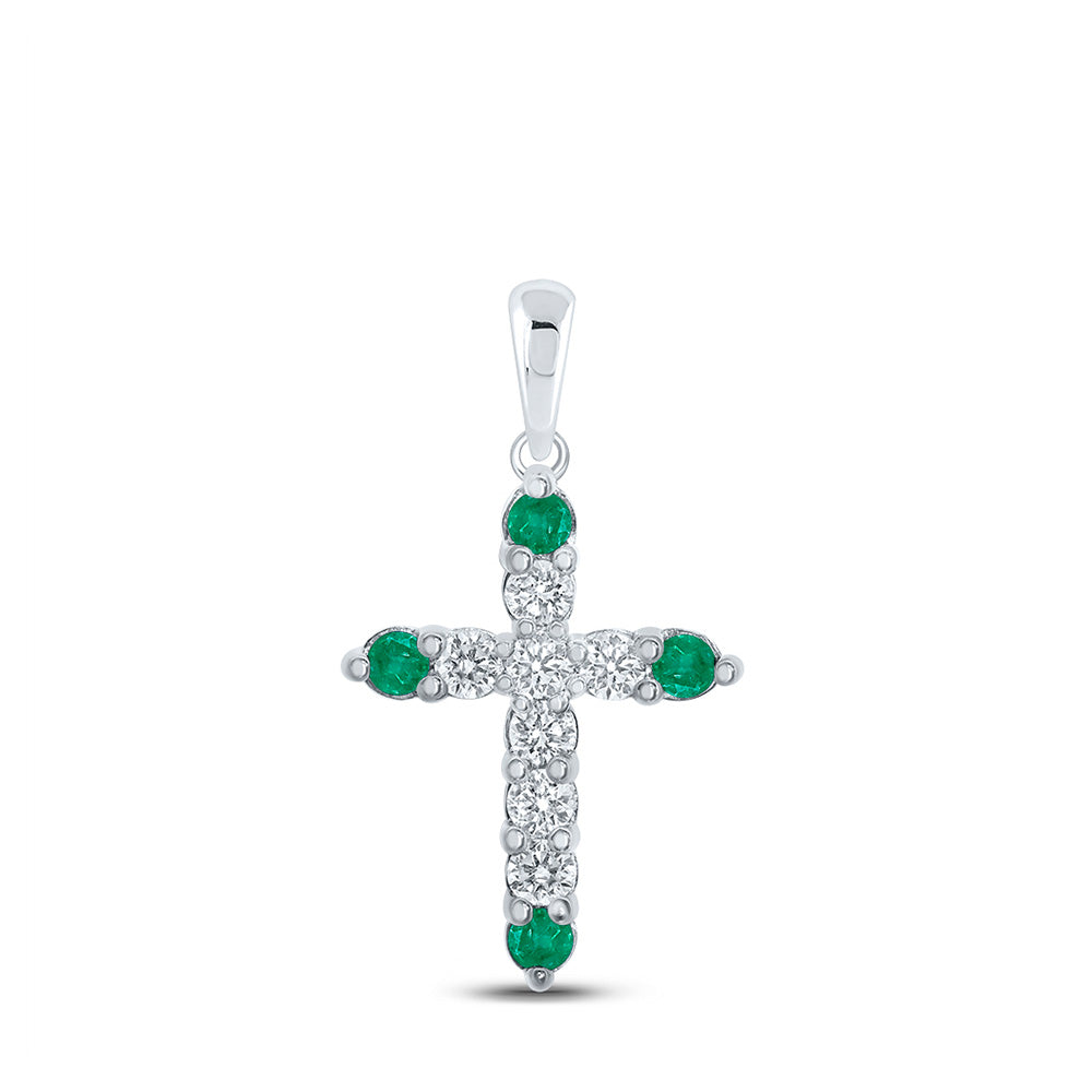 10kt White Gold Womens Round Emerald Diamond Cross Pendant 1/5 Cttw