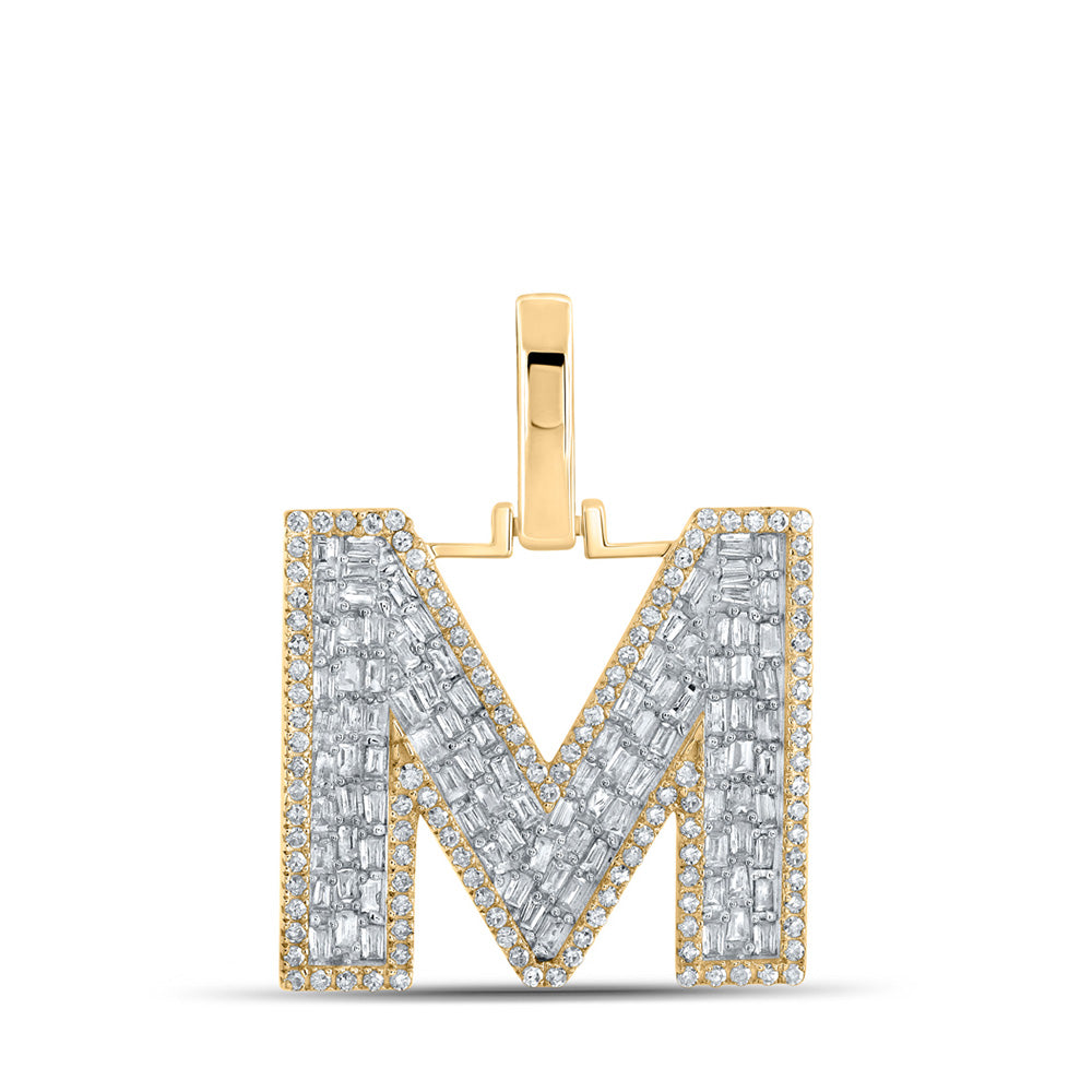 10kt Yellow Gold Mens Baguette Diamond M Initial Letter Charm Pendant 3/4 Cttw