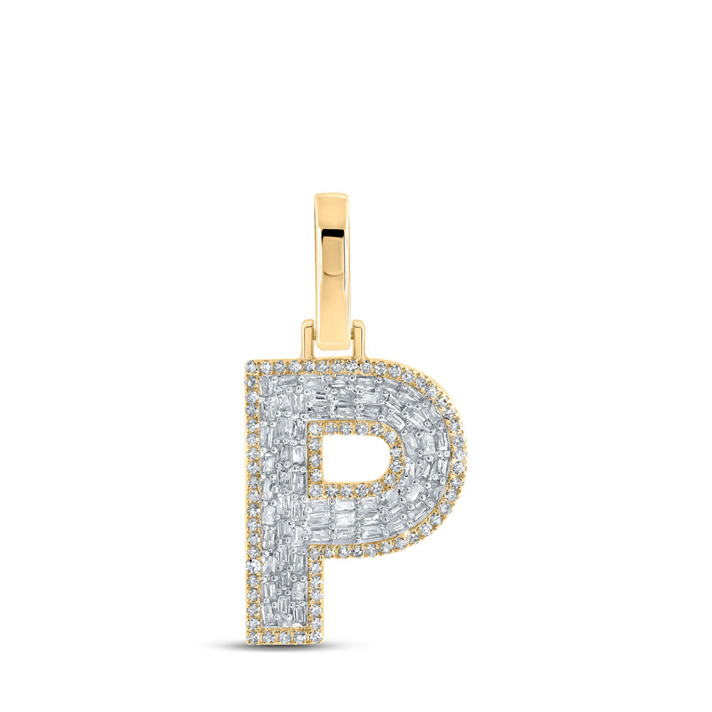 10kt Yellow Gold Mens Baguette Diamond P Initial Letter Charm Pendant 1/2 Cttw