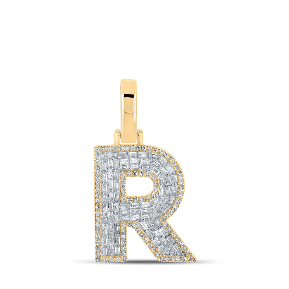 10kt Yellow Gold Mens Baguette Diamond R Initial Letter Charm Pendant 5/8 Cttw