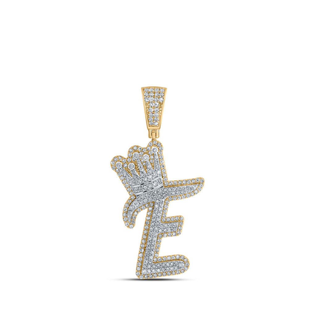 10kt Yellow Gold Mens Round Diamond E Crown Letter Charm Pendant 1-1/5 Cttw