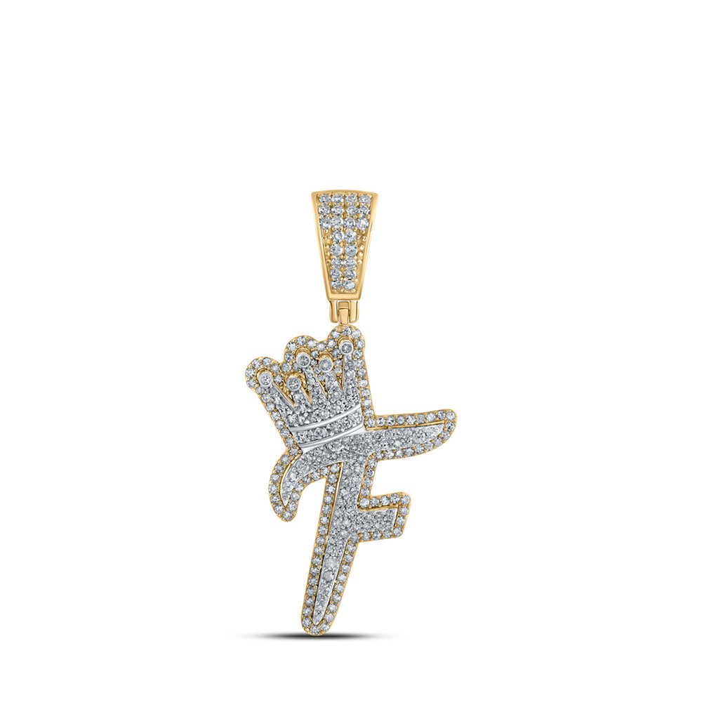 10kt Yellow Gold Mens Round Diamond F Crown Letter Charm Pendant 1 Cttw