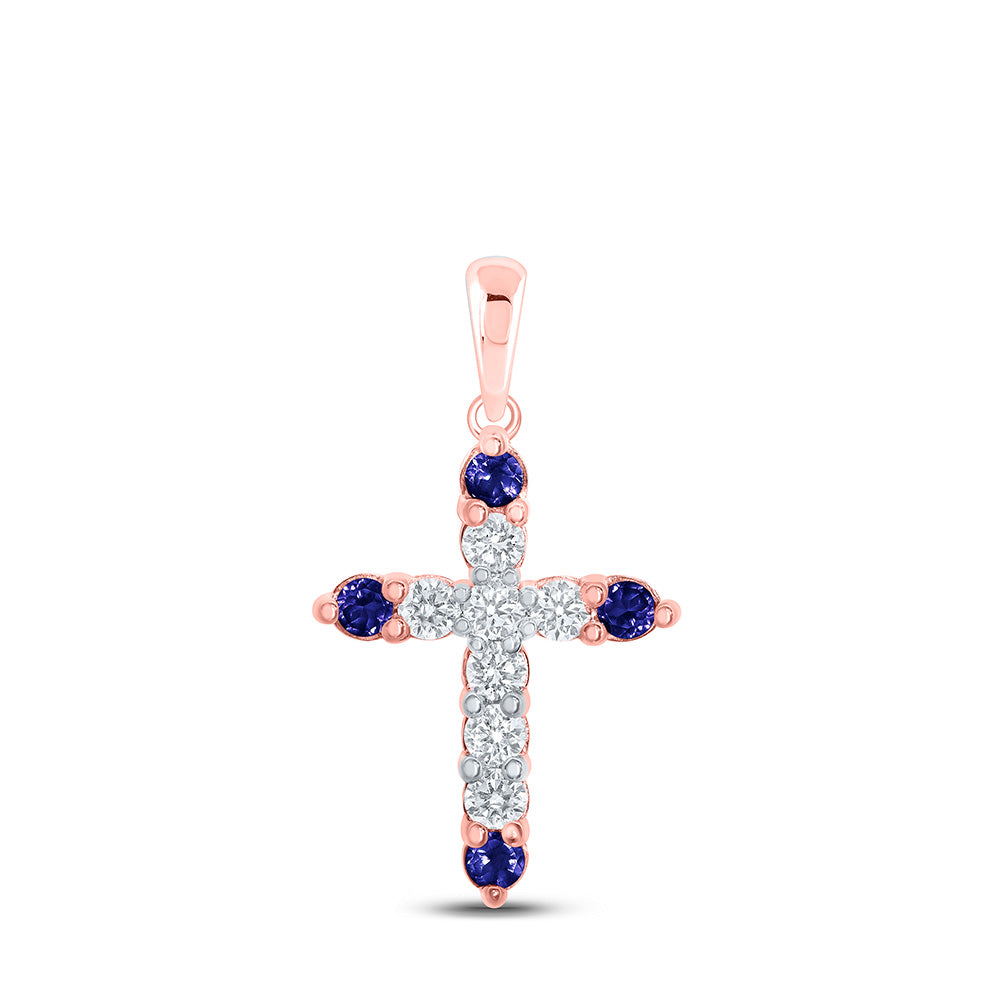 10kt Rose Gold Womens Round Blue Sapphire Diamond Cross Pendant 1/4 Cttw