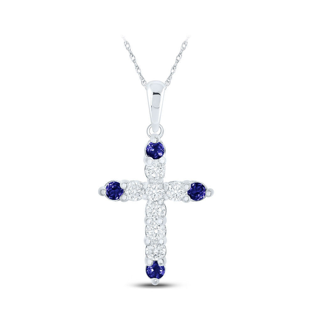 10kt White Gold Womens Round Blue Sapphire Diamond Cross Pendant 1/4 Cttw