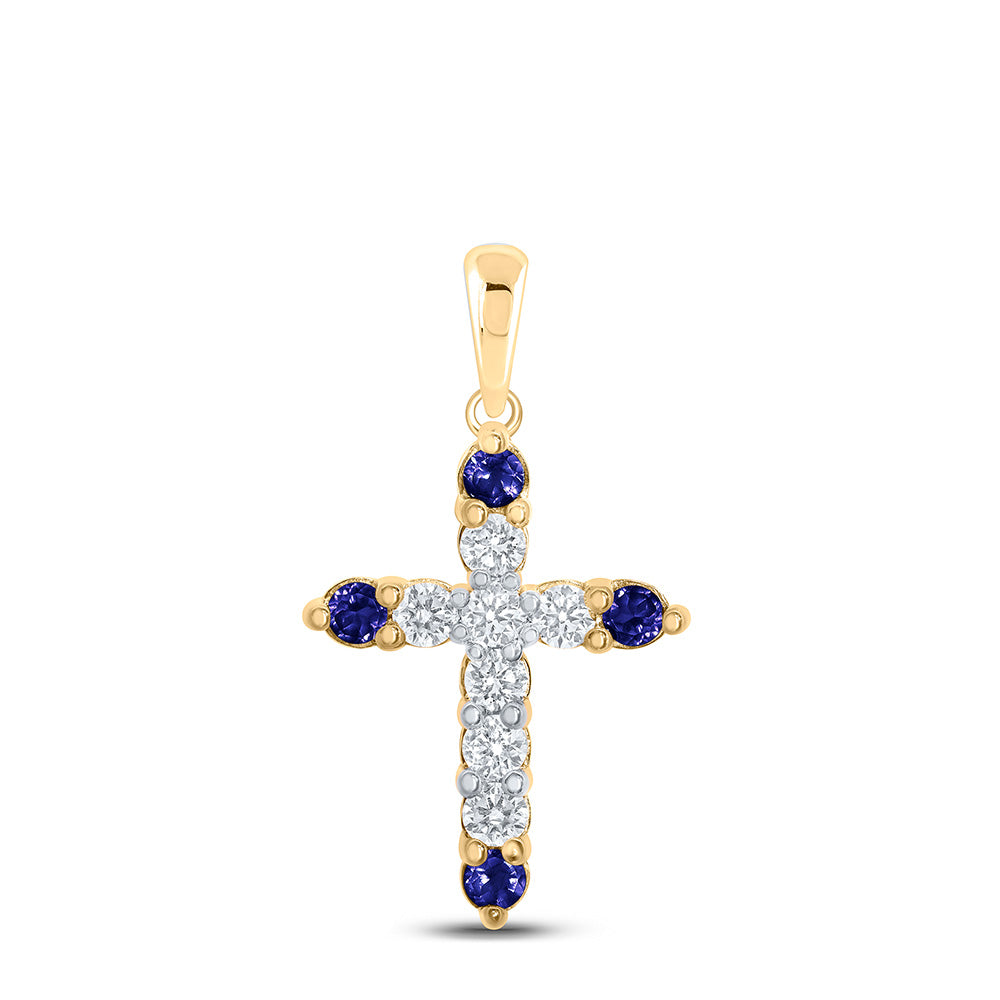 10kt Yellow Gold Womens Round Blue Sapphire Diamond Cross Pendant 1/4 Cttw